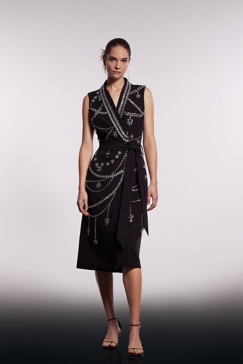Premium Sleeveless Tux Dress With Hand Beadin - Black