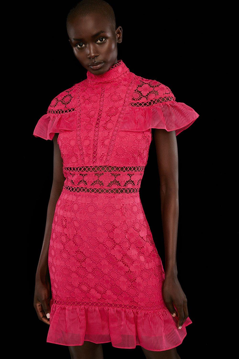Premium Panelled Lace Organza Trim Mini Dress - Pink