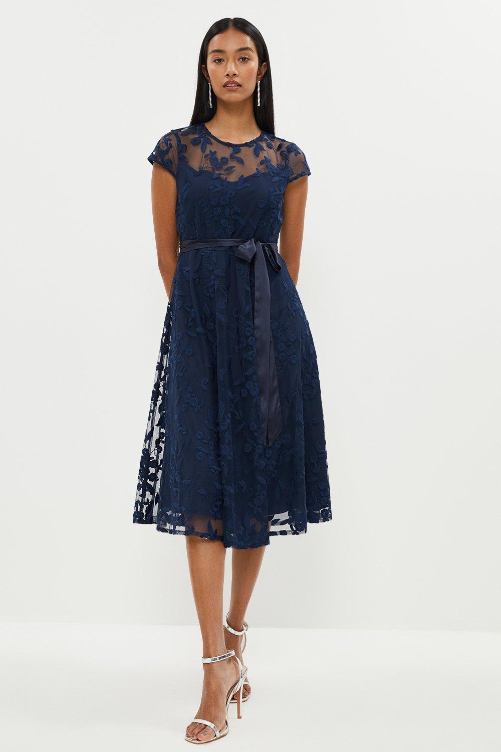 Petite All Over Embroidered Midi Dress - Navy