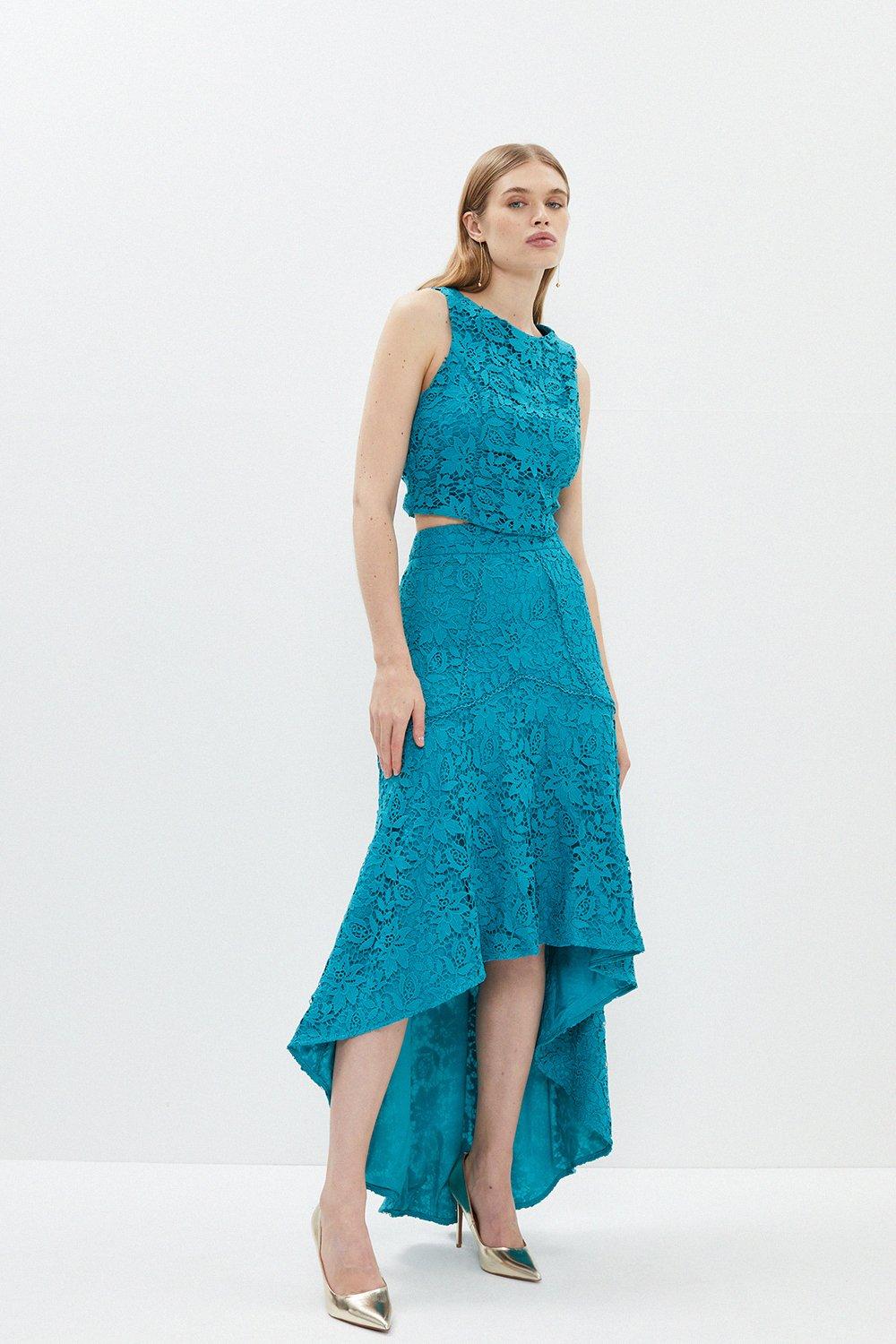 Lace Contrast Trim High Low Hem Midi Skirt - Blue