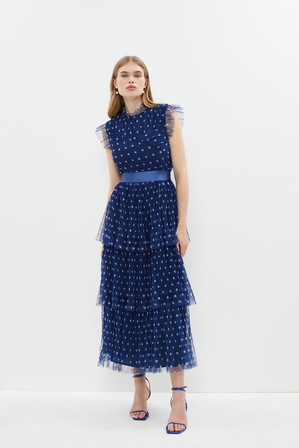 Tiered Mesh Belted Midi Dress - Navy