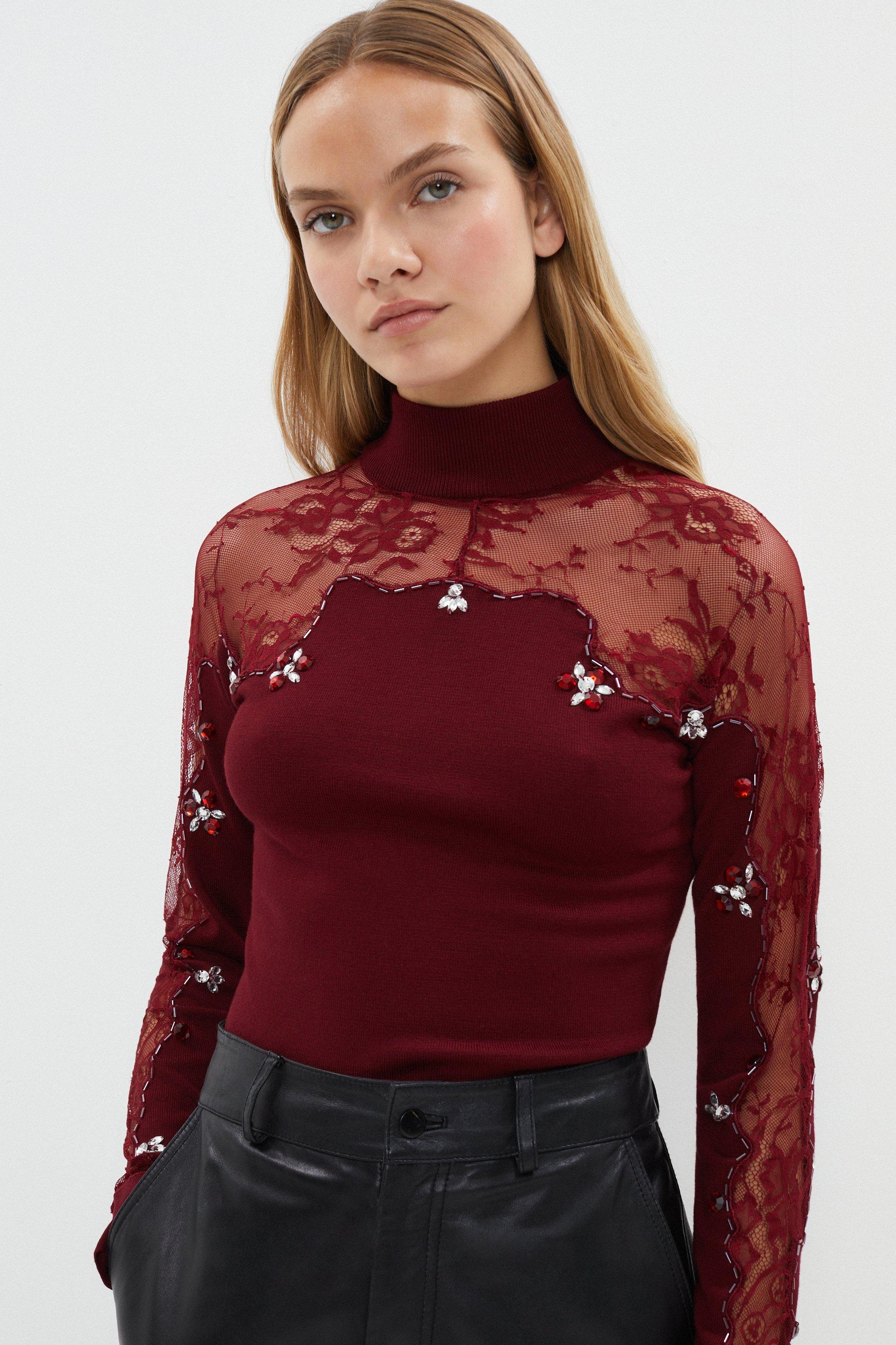 Lace Insert Beaded Jumper - Red