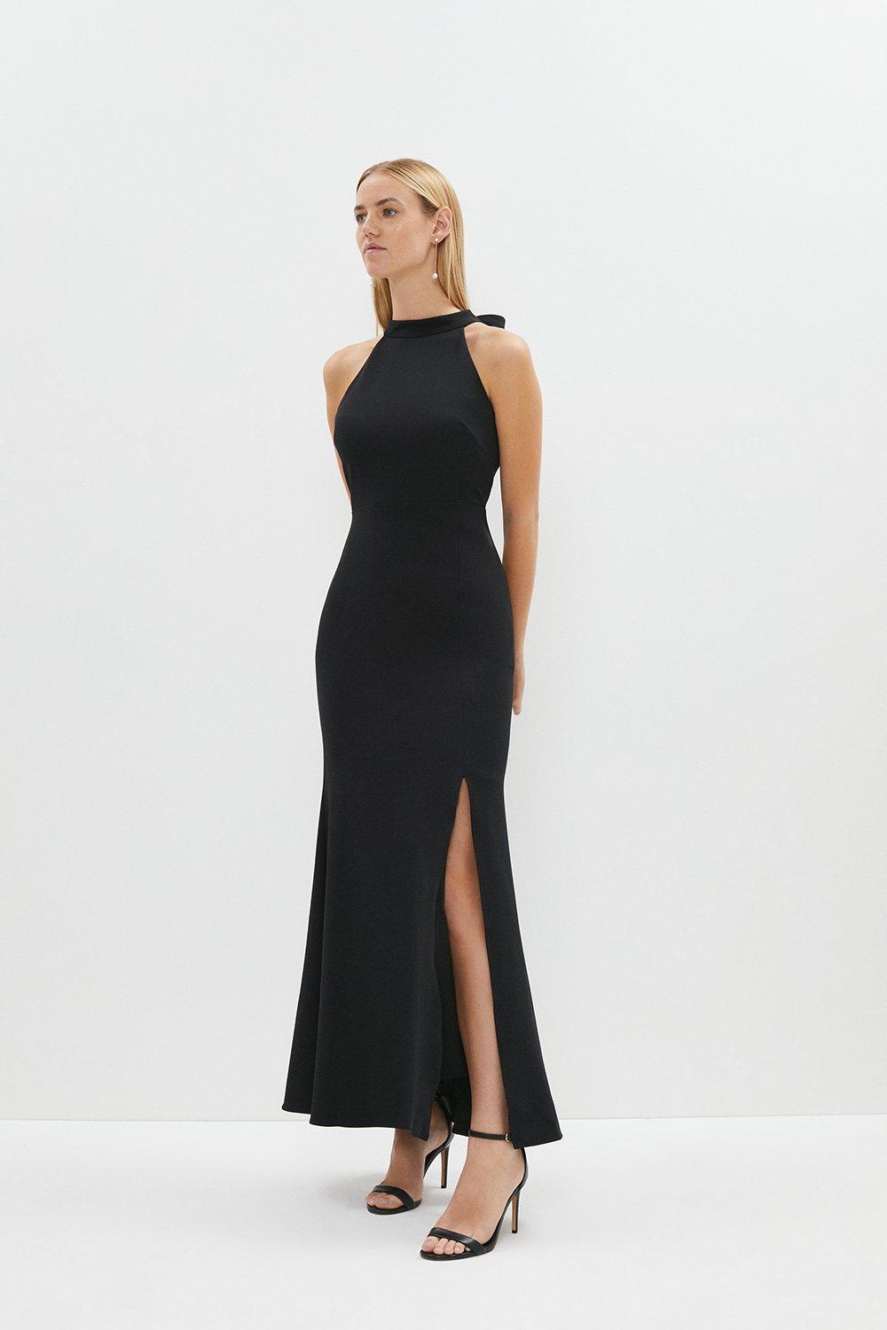 Premium Halterneck Fishtail Maxi Bow Dress - Black