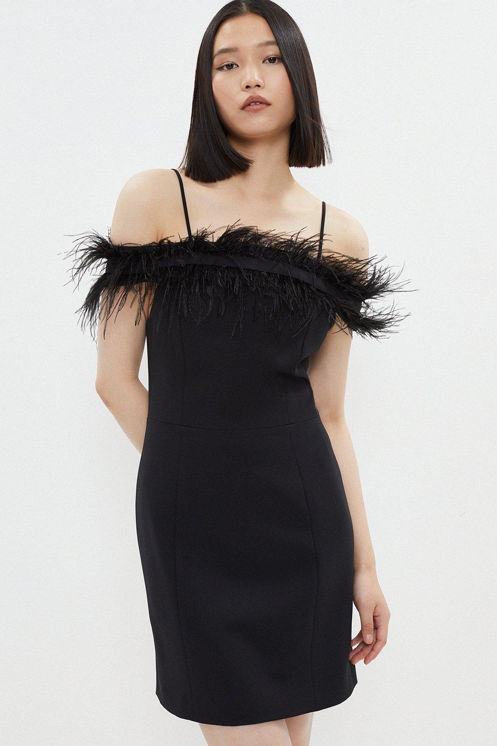 Feather Trim Bardot Mini Dress - Black