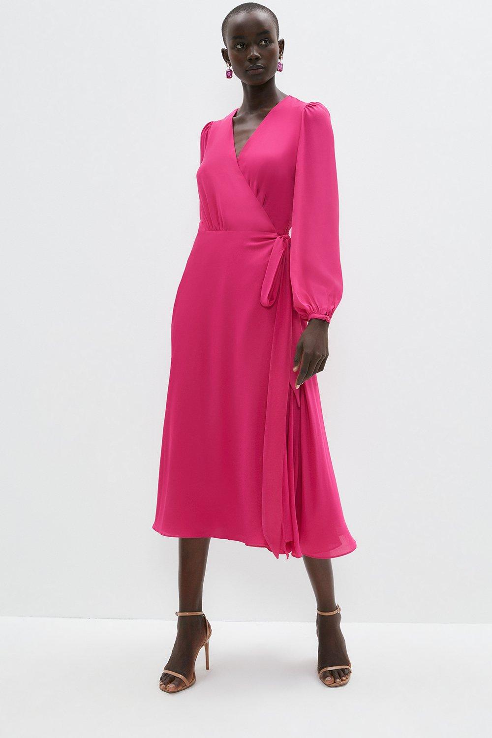 Blouson Sleeve Hem Sweep Wrap Dress - Pink