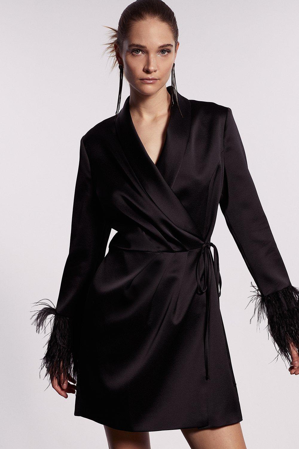 Drape Front Feather Cuff Mini Dress - Black