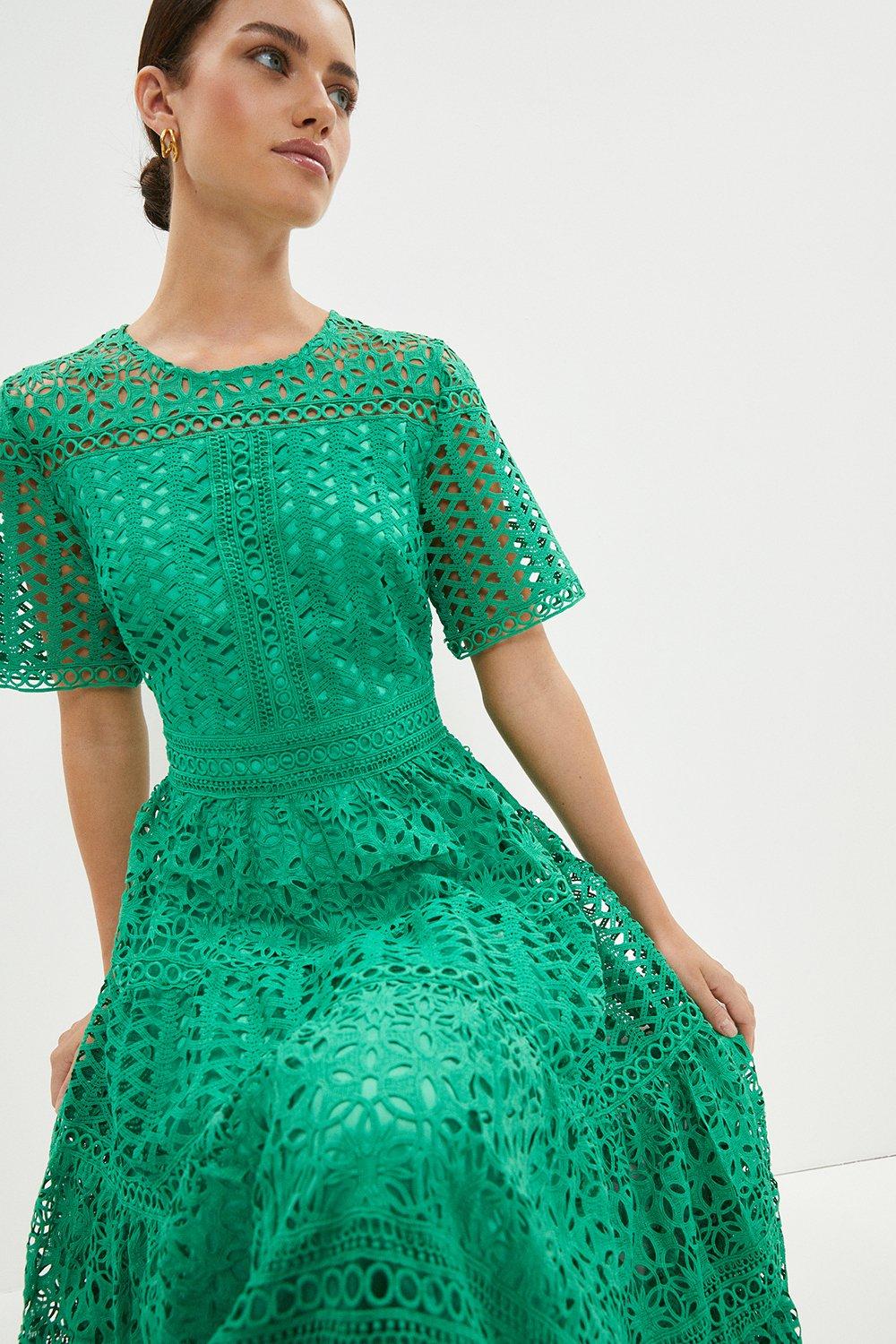 Petite Midi Dress In Lace With Tiers - Green