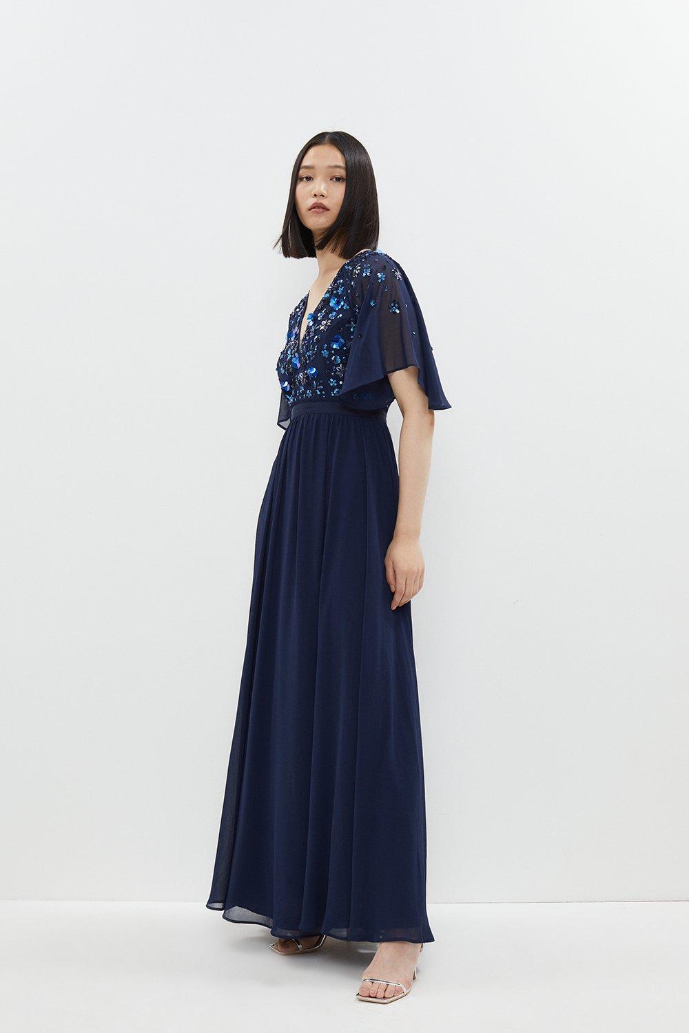 Maxi Dress With Flutter Sleeve & Beading - Navy
