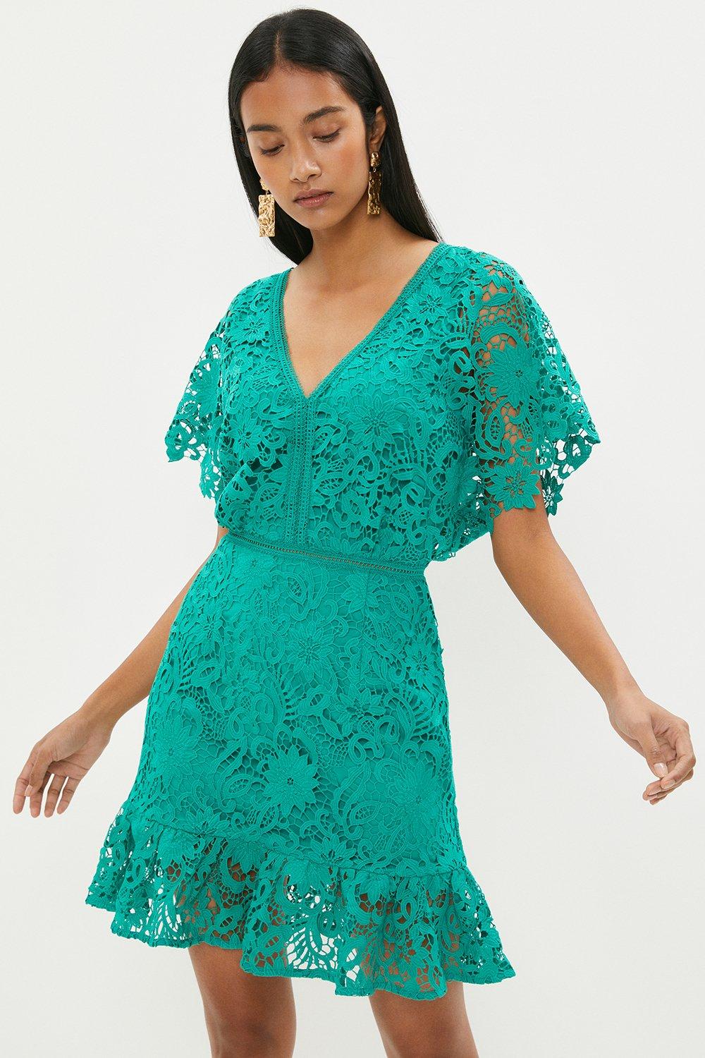 Mini V Neck Lace Dress With Flare Sleeve - Green