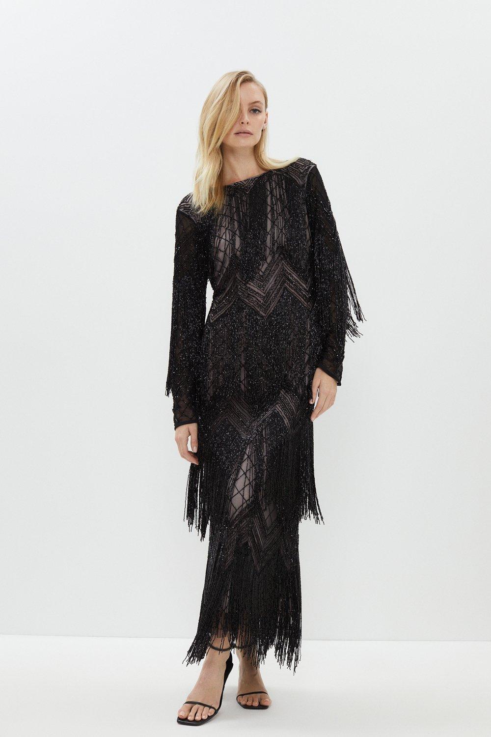 Premium Fringe Embellished Maxi Dress - Black