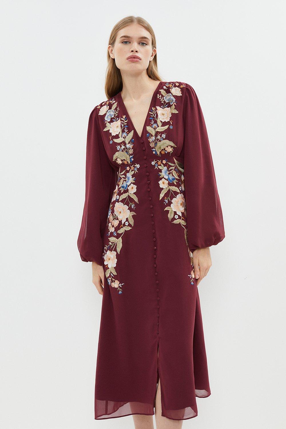 Mirrored Orchid Button Through Midi Dress - Red