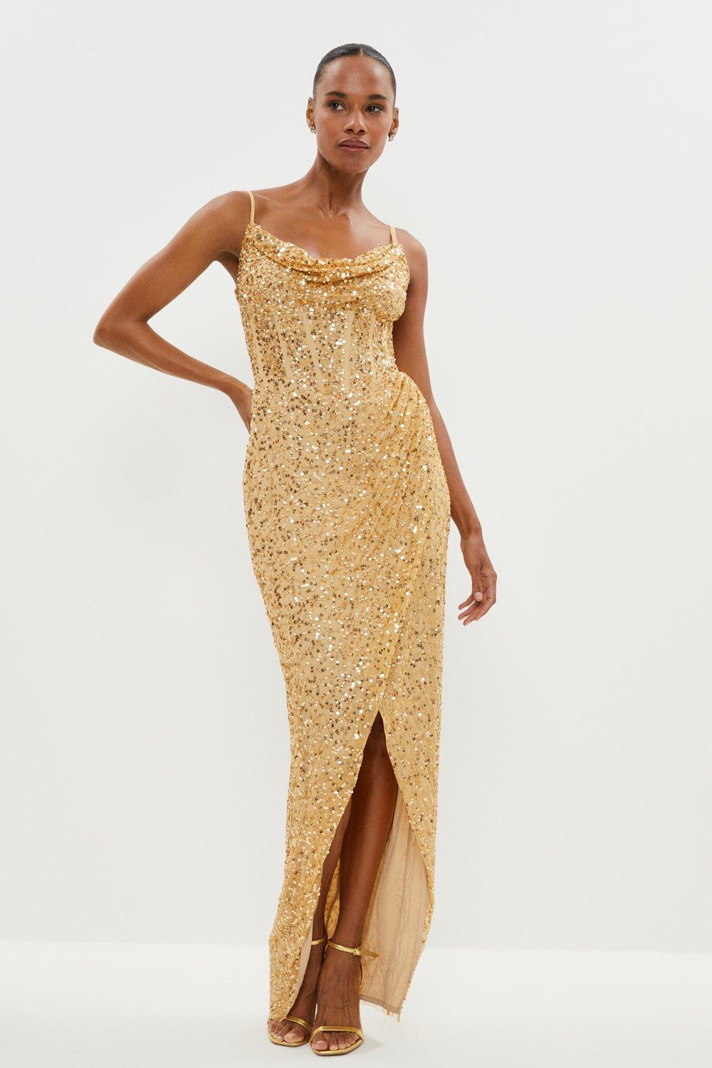 Cowl Neck Corset Bodice Sequin Maxi Dress - Gold