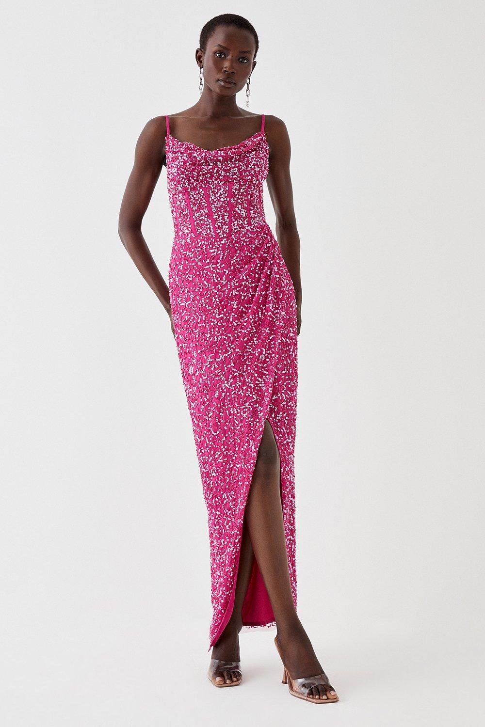 Cowl Neck Corset Bodice Sequin Maxi Dress - Pink