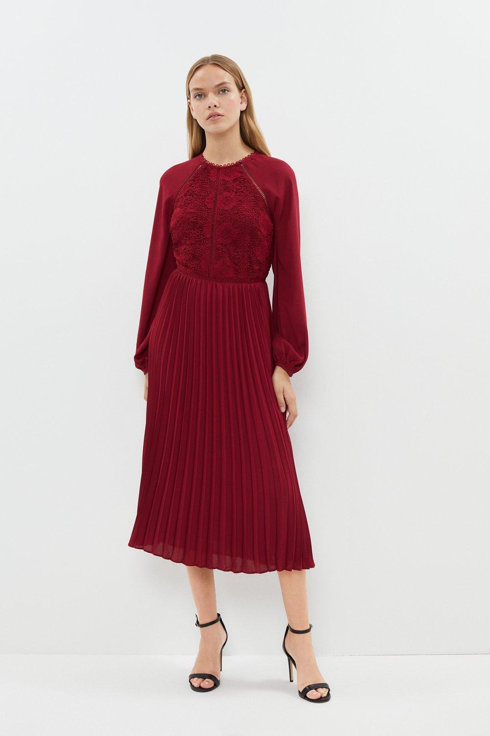 Blouson Sleeve Lace Detail Pleat Skirt Dress - Red