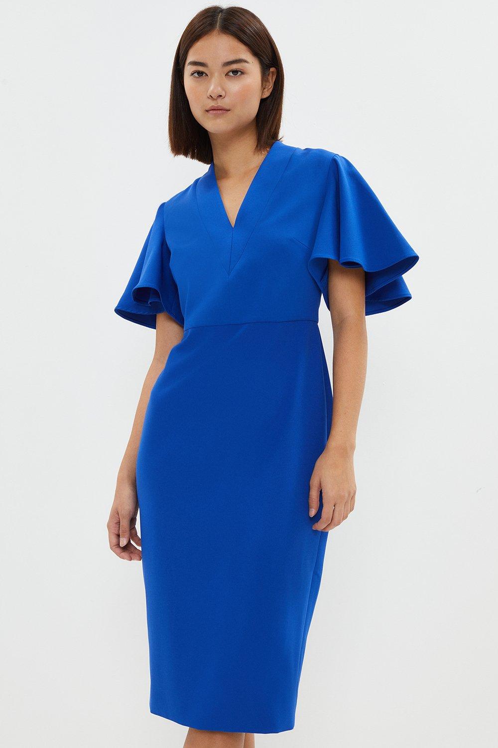 Petite V Neck Flare Sleeve Pencil Dress - Blue