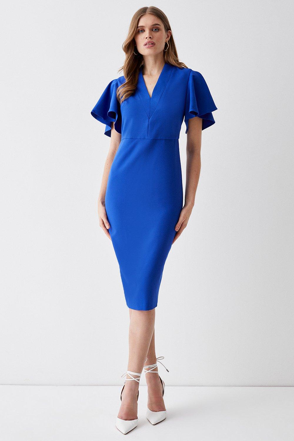 V Neck Flare Sleeve Pencil Dress - Blue