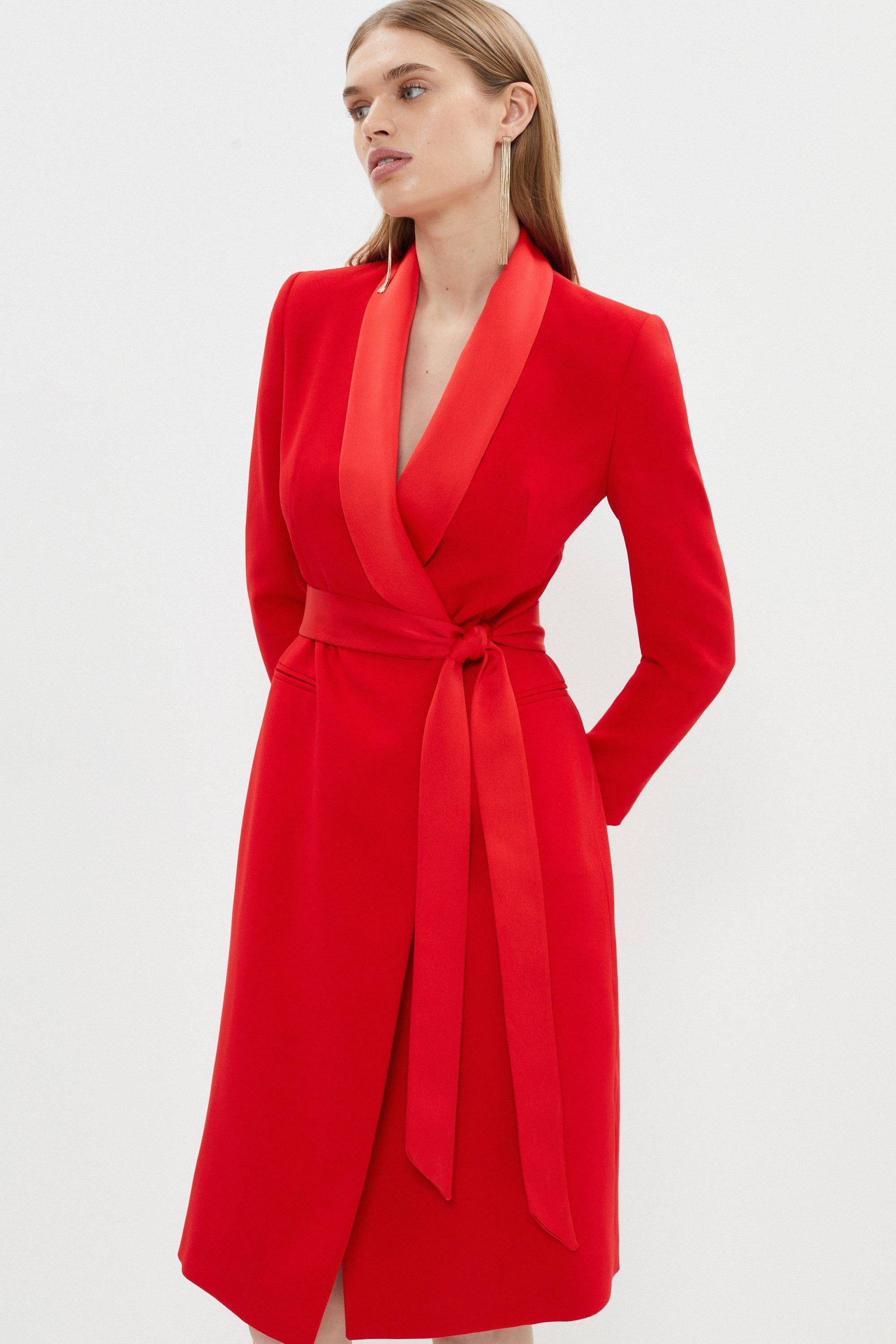 Premium Midi Tuxedo Belted Dress - Red