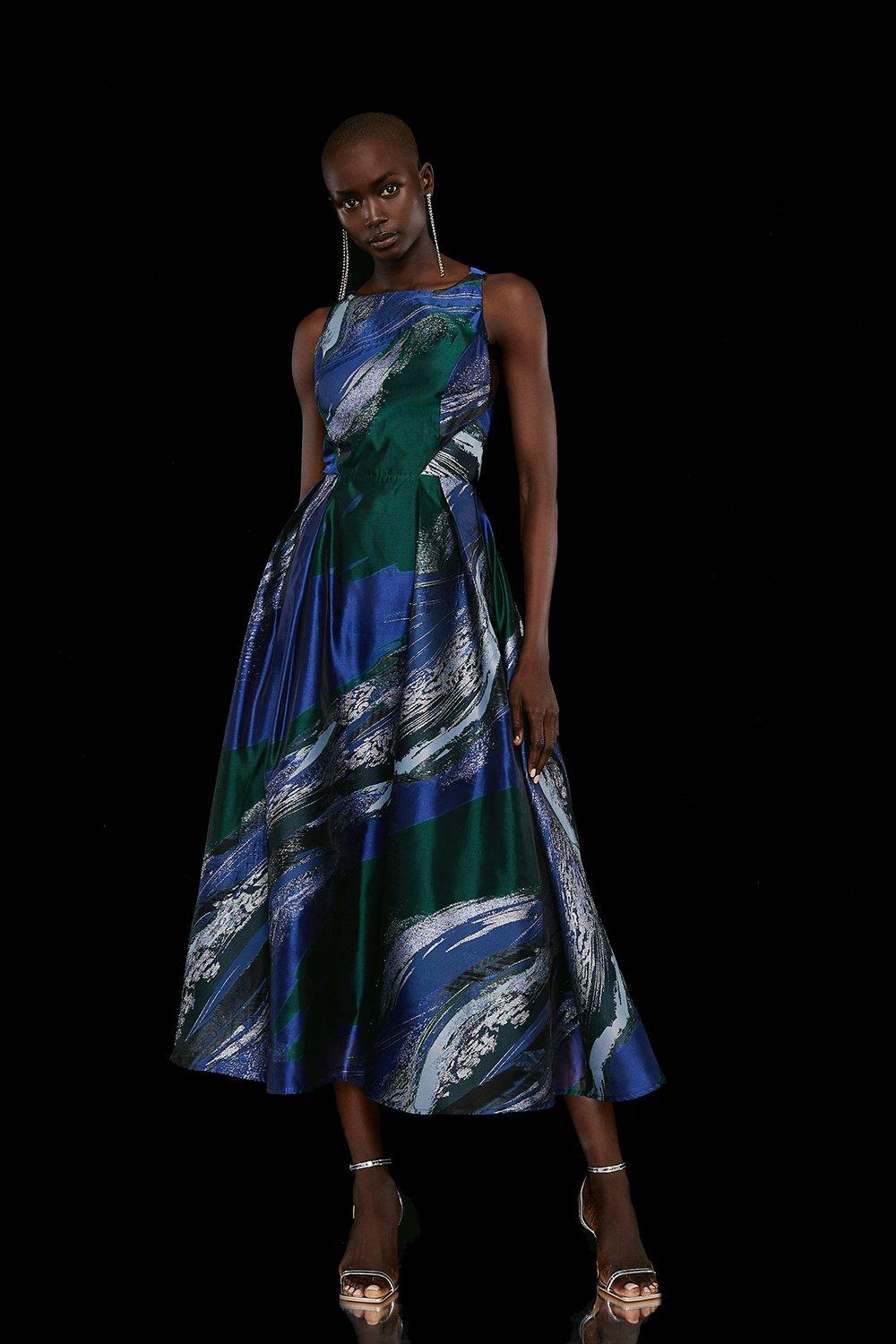 Premium Metallic Abstract Jacquard Midi Dress - Blue