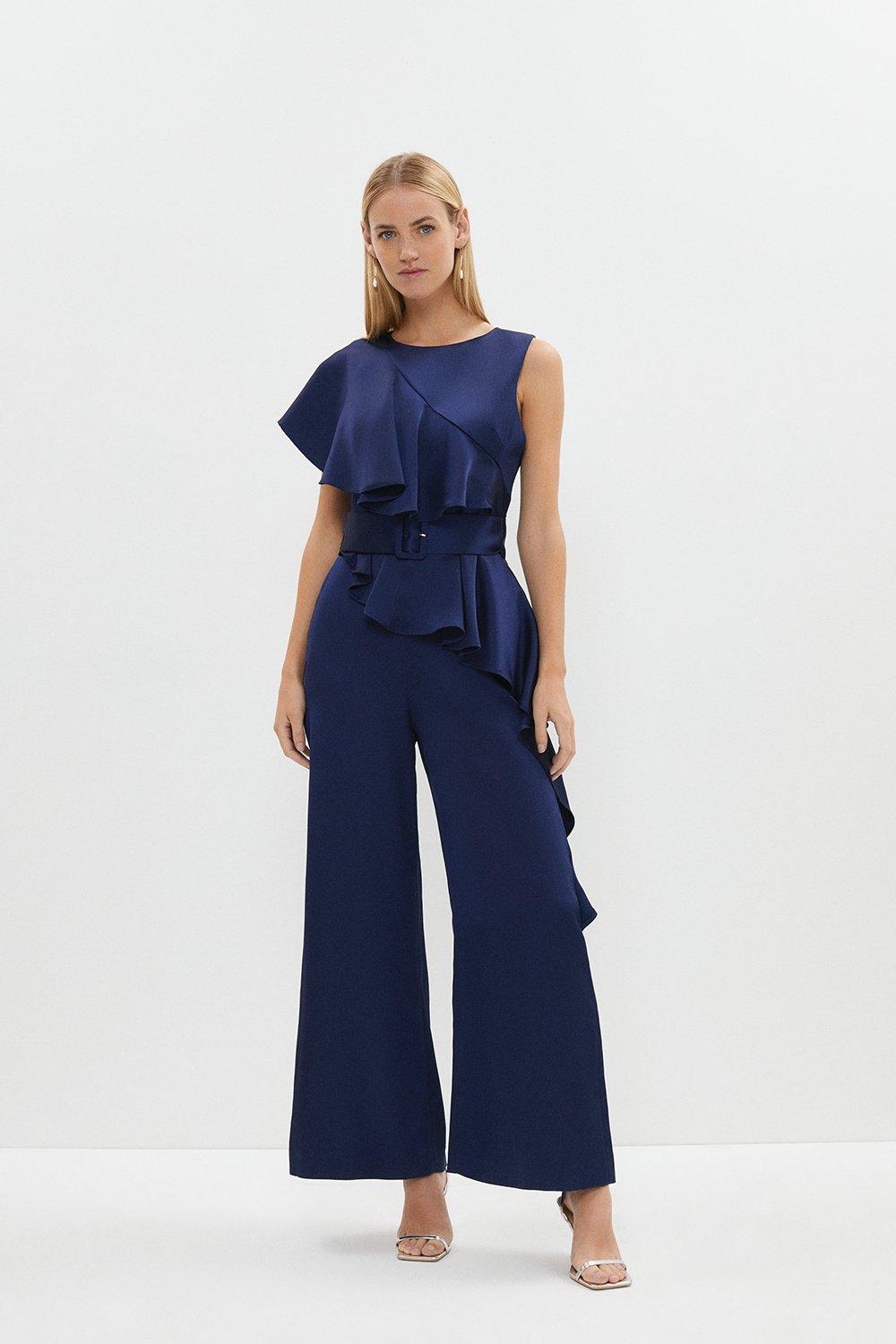 Frill Detail Belted Satin Jumpsuit - Navy