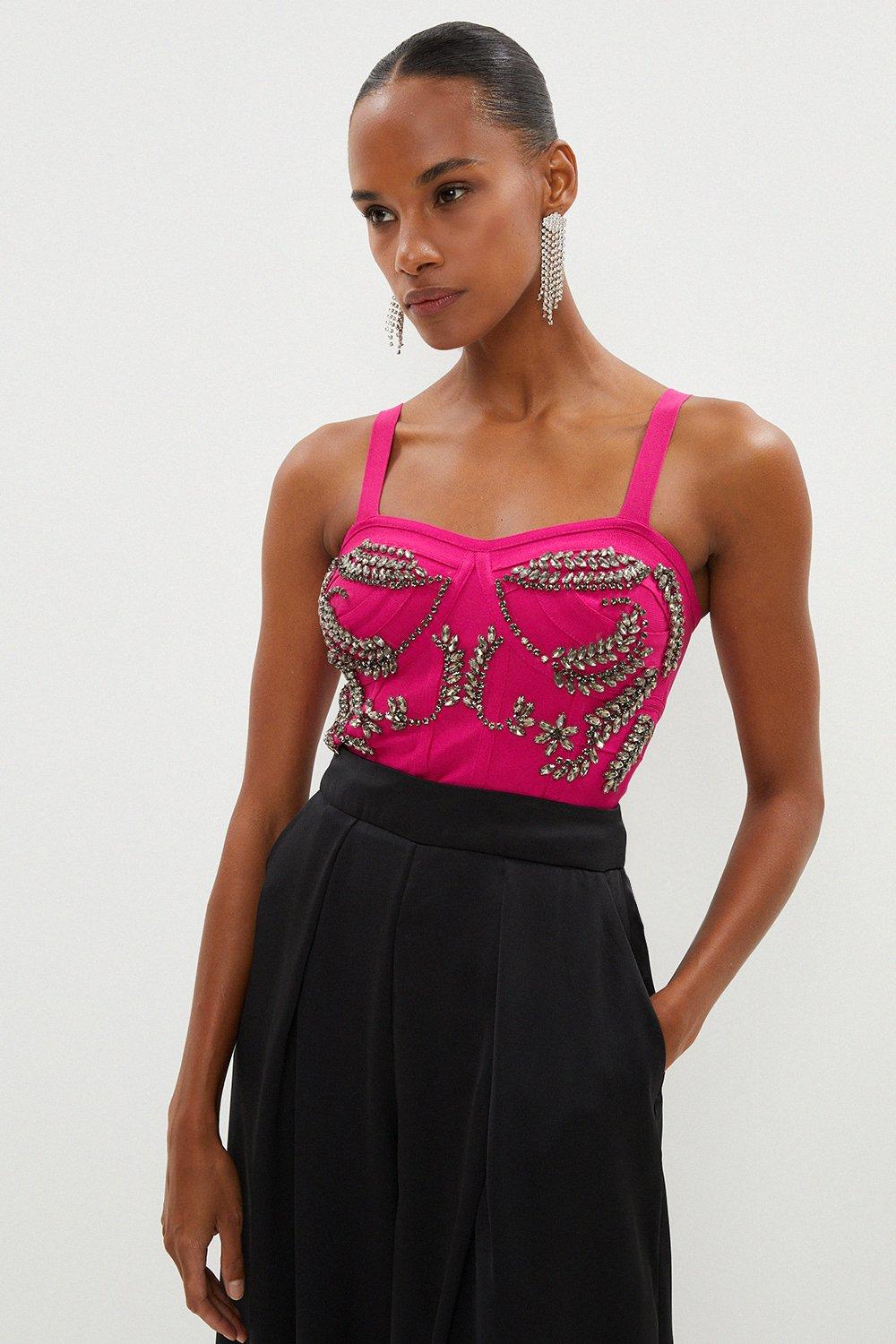 Embellished Strappy Knit Top - Pink
