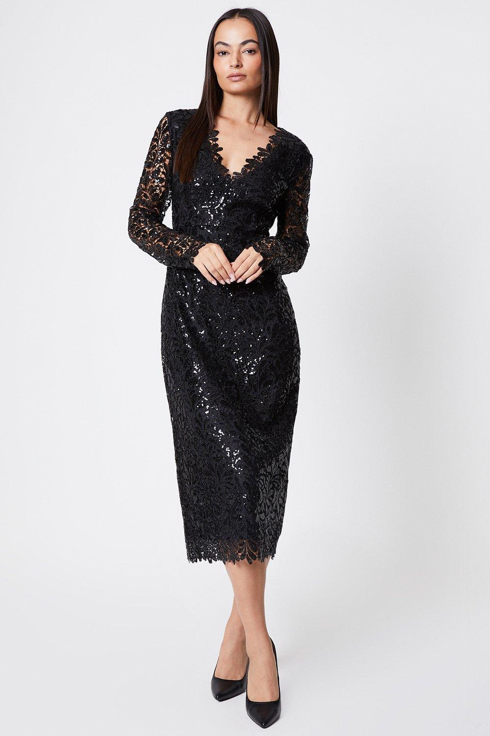 Sequin Lace Sheer Sleeve Pencil Dress - Black