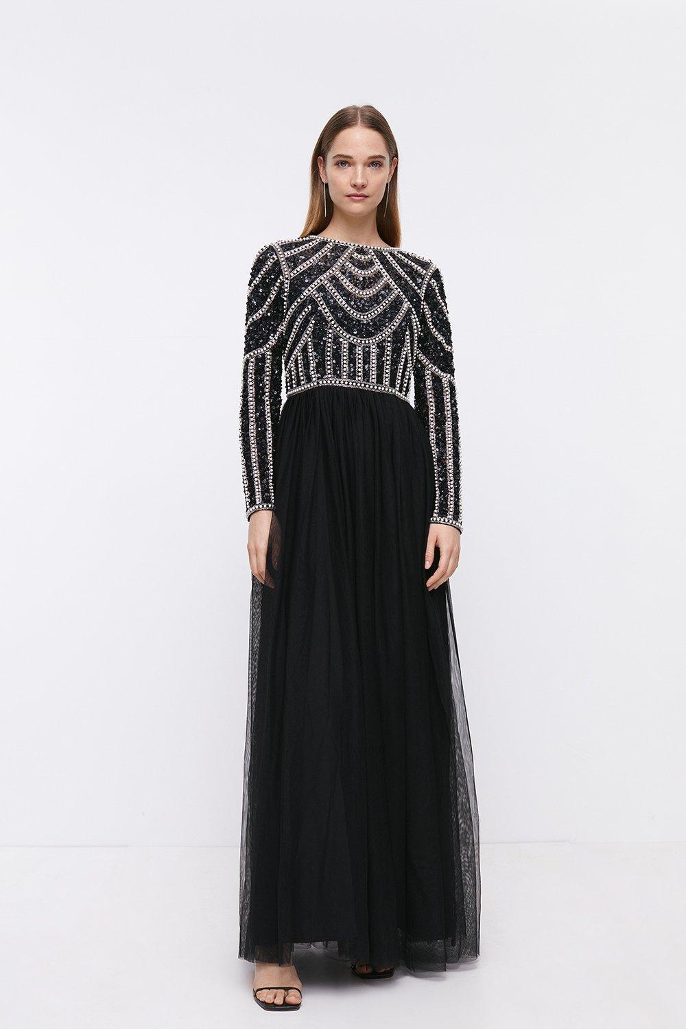 Pearl Embellished Bodice Tulle Skirt Dress - Black