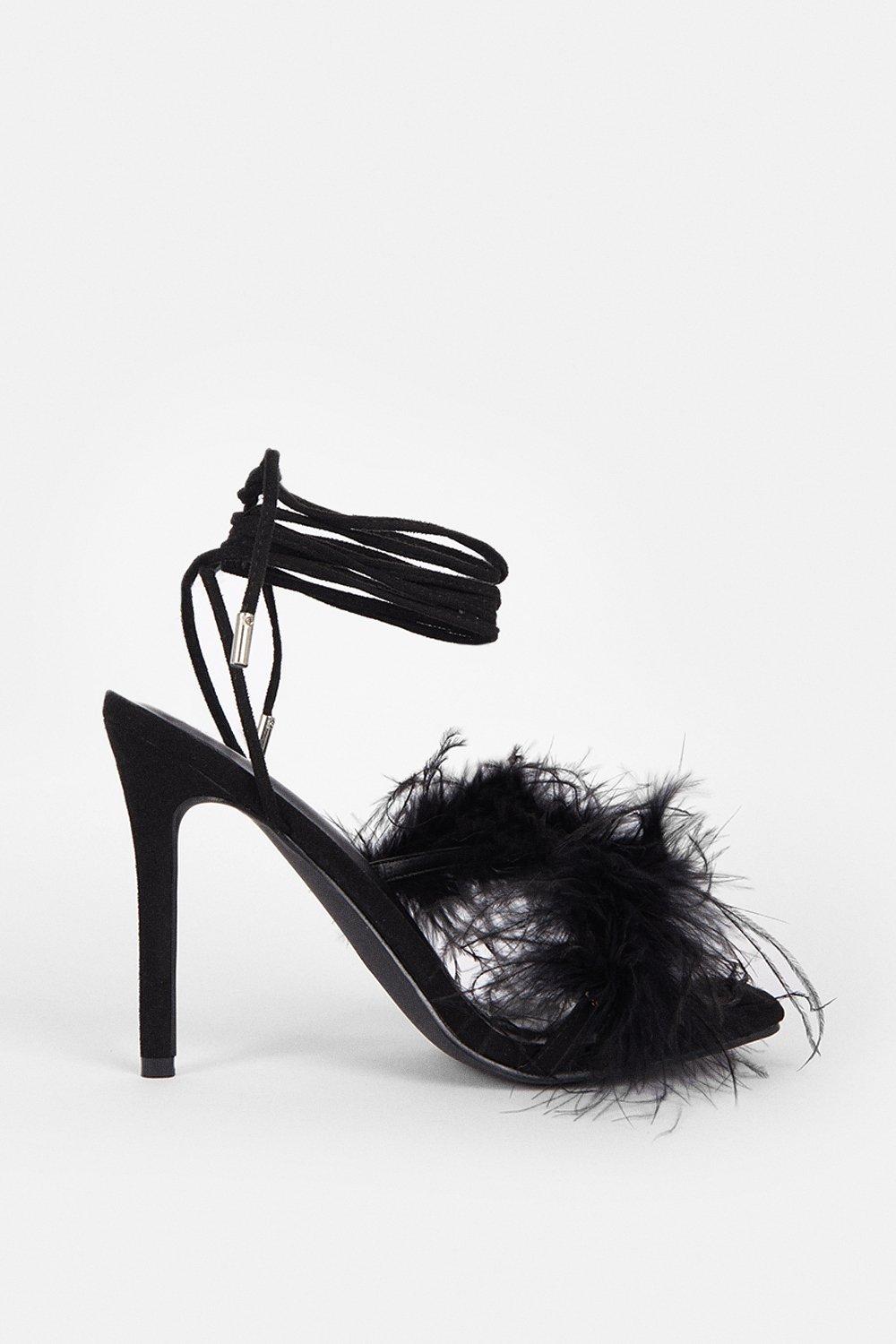 Strappy Feather Faux Suede Heel - Black