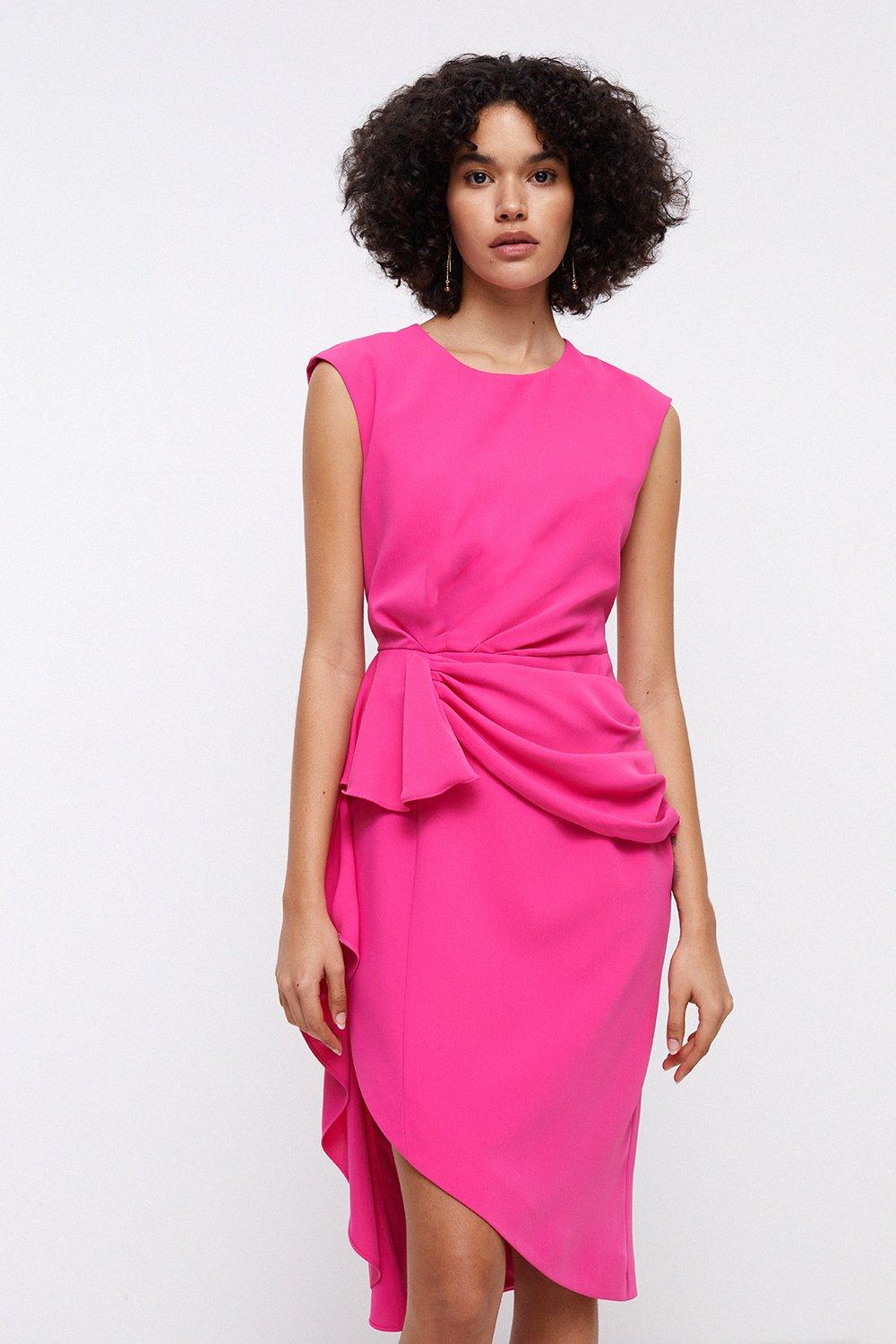 Waterfall Ruffle Drape Midi Dress - Pink