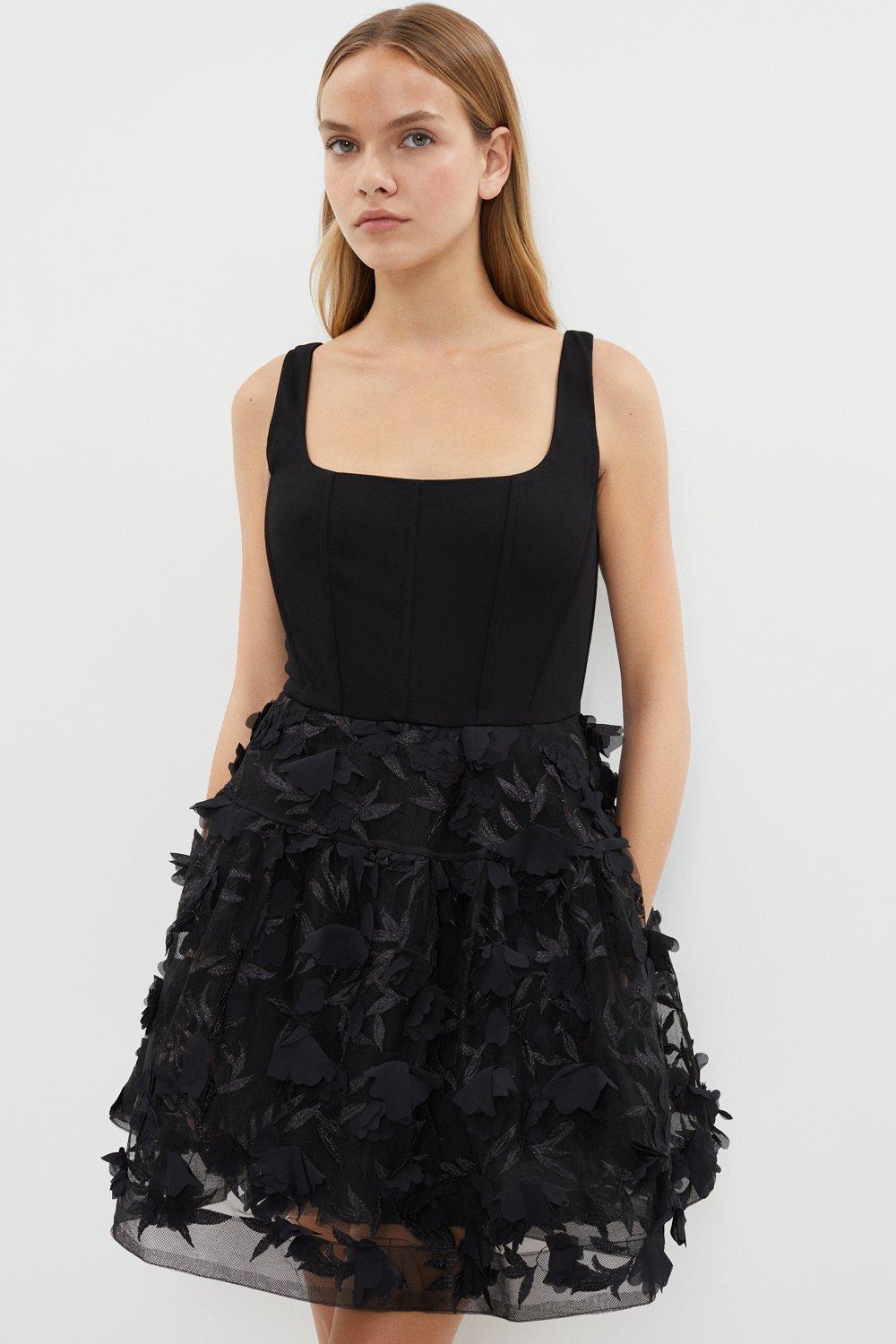Boned Bodice 3d Floral Full Skirt Mini Dress - Black