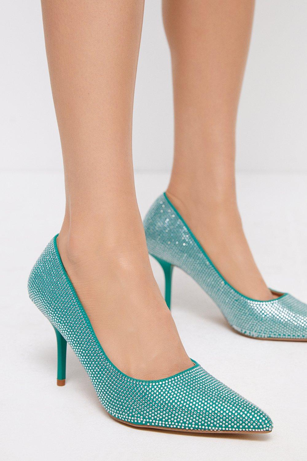 Faux Suede And Diamante Court Shoe - Green