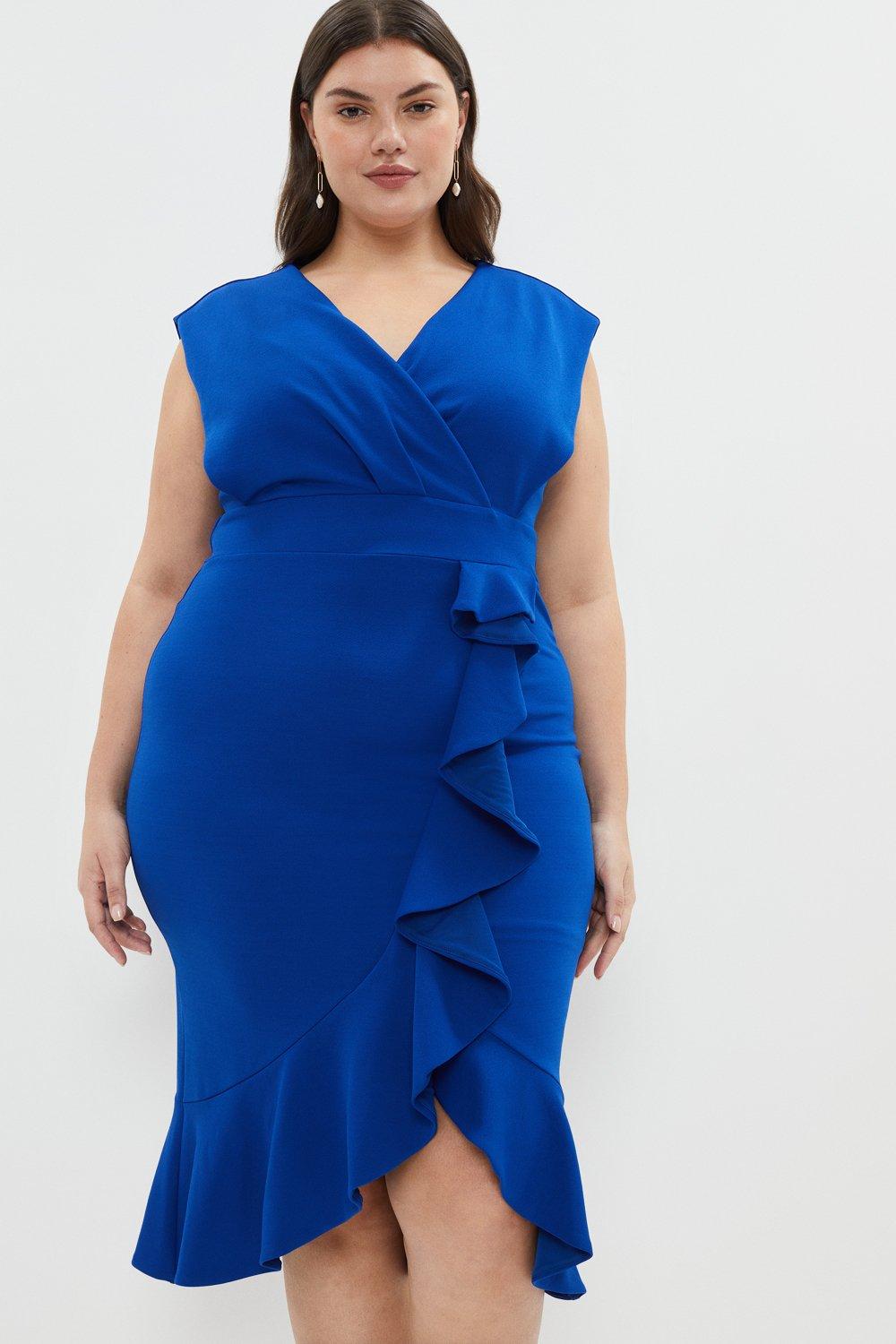 Plus Size Crepe Wrap Top Ruffle Dress - Blue
