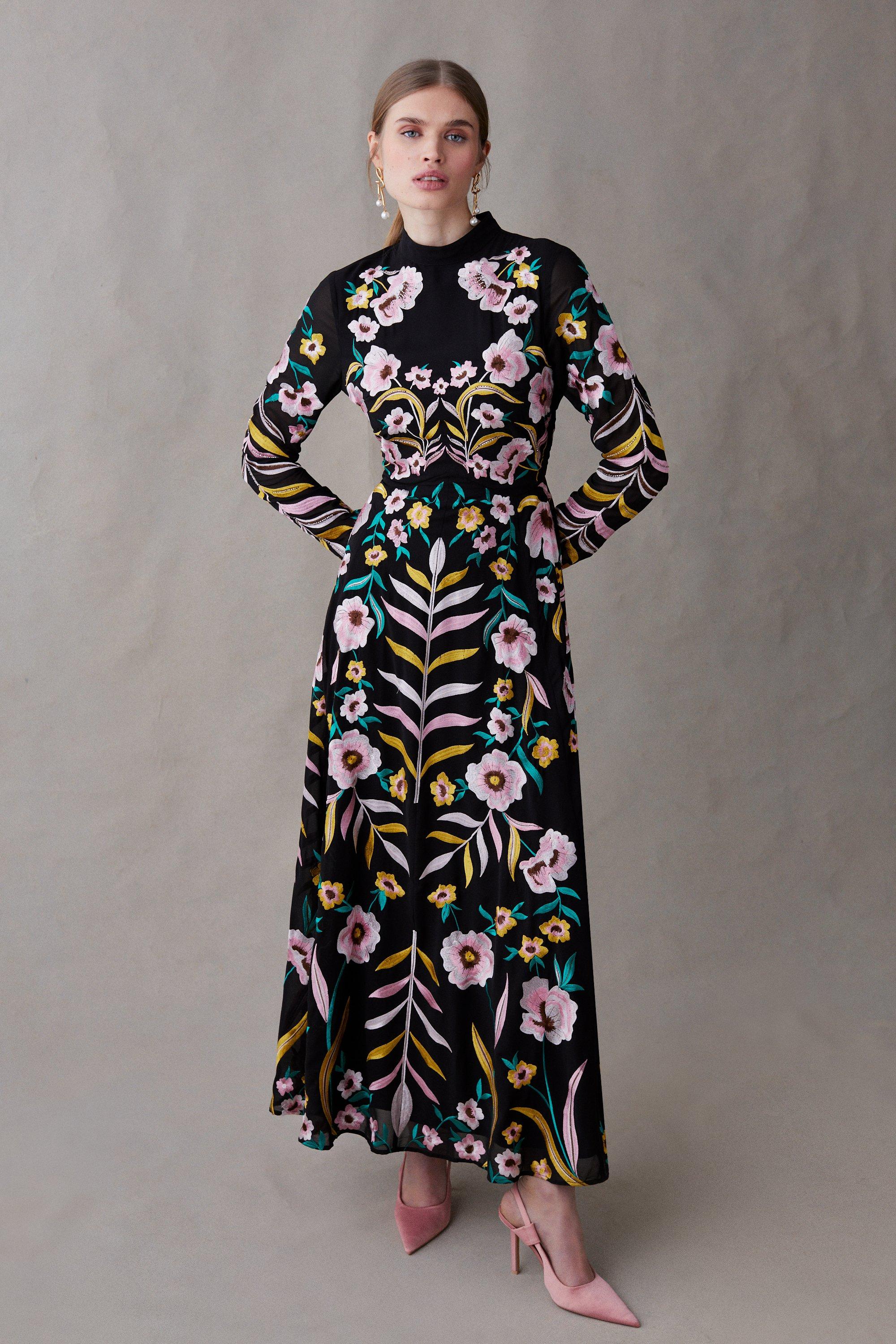 Dresses, Statement Mirrored Floral Embroidered Maxi Dress