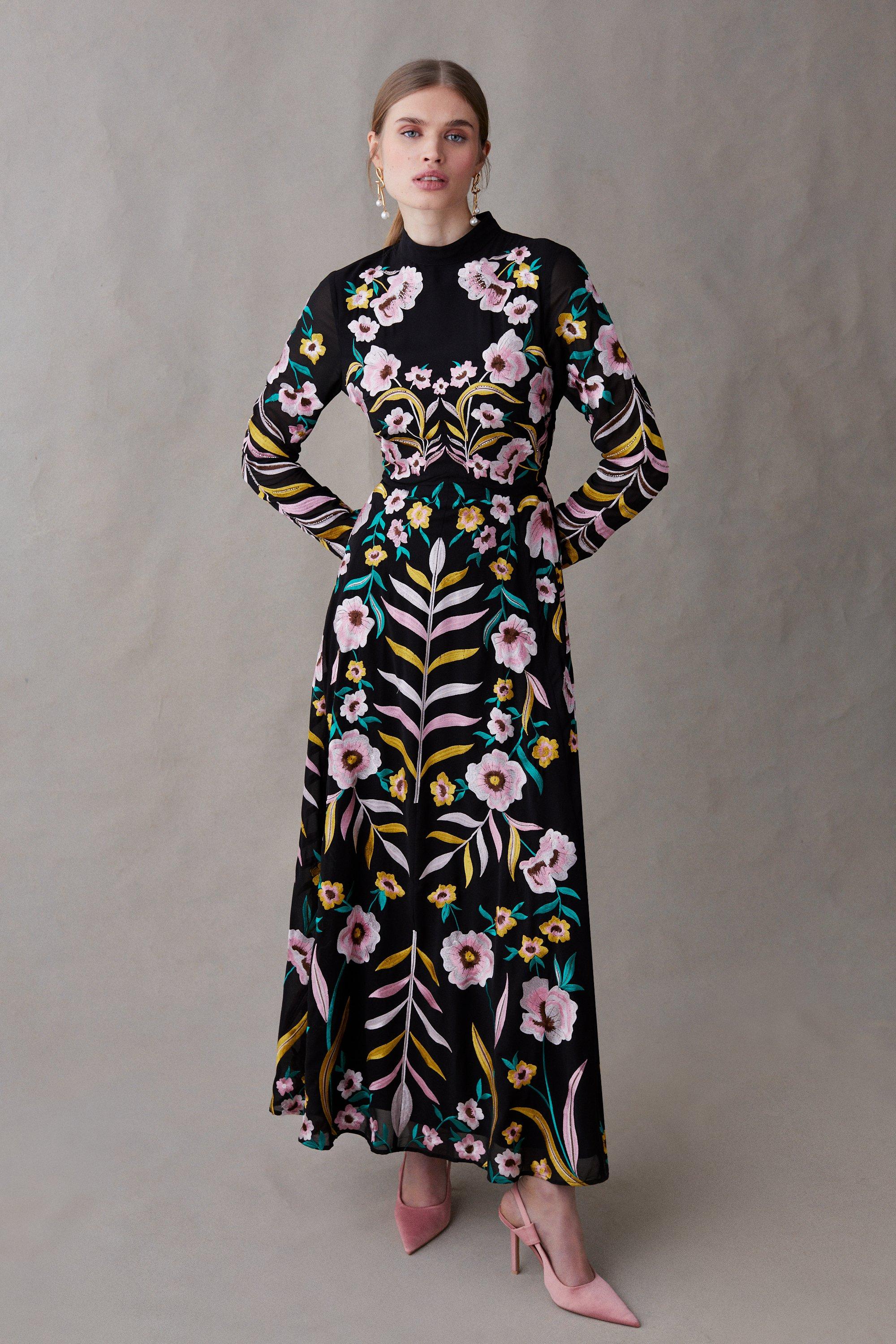 Statement Mirrored Floral Embroidered Maxi Dress - Black