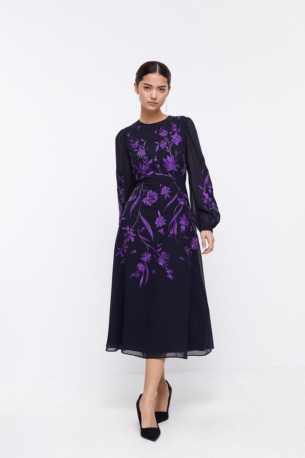 Petite Dahlia Floral Embroidered Dress - Navy