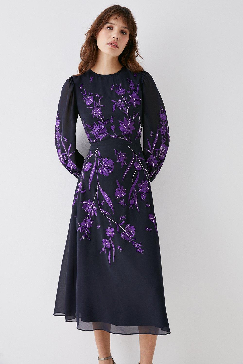 Trailing Dahlia Floral Embroidered Midi Dress - Navy