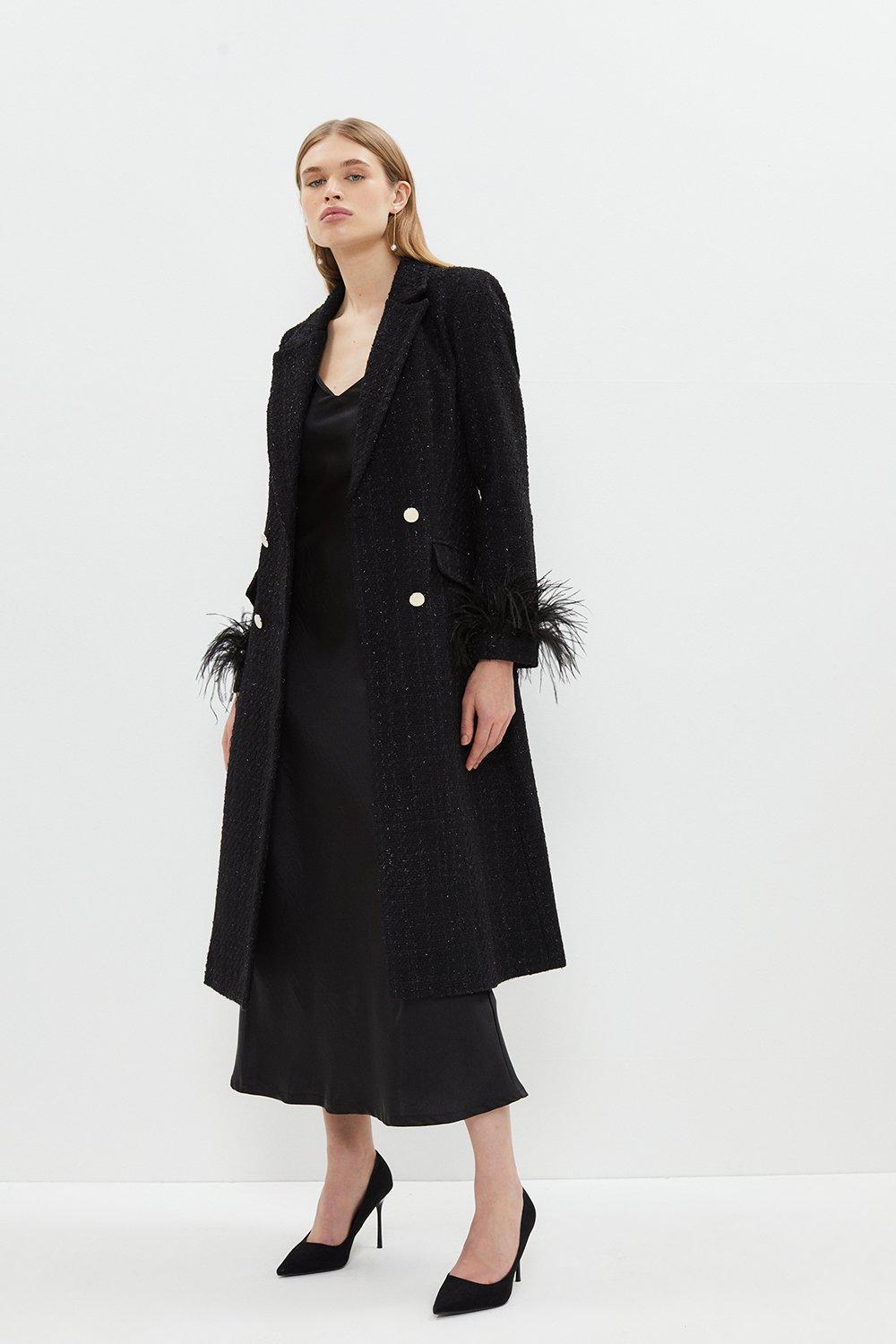 Boucle Double Breasted Feather Cuff Long Coat - Black