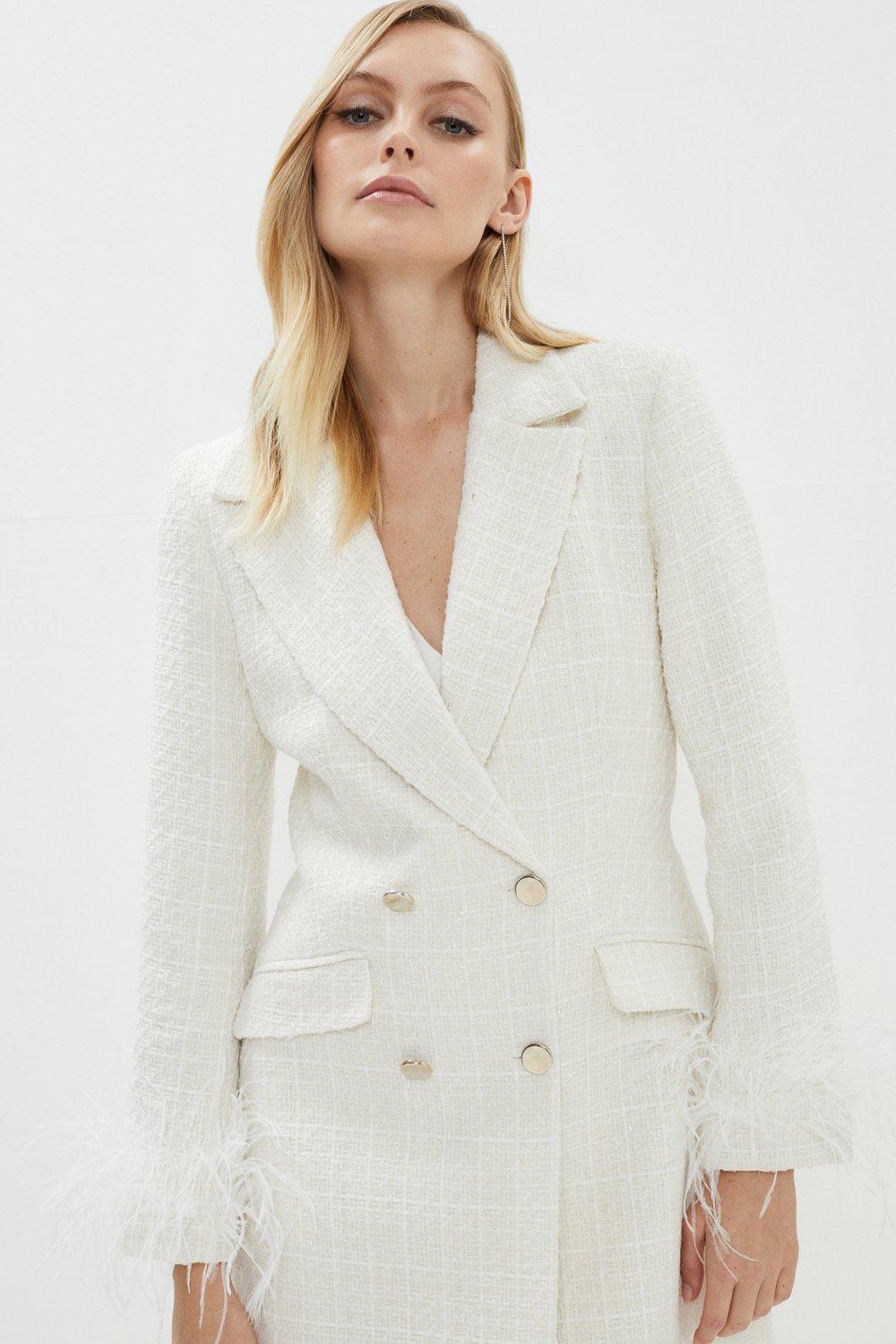 Boucle Double Breasted Feather Cuff Long Coat - Ivory