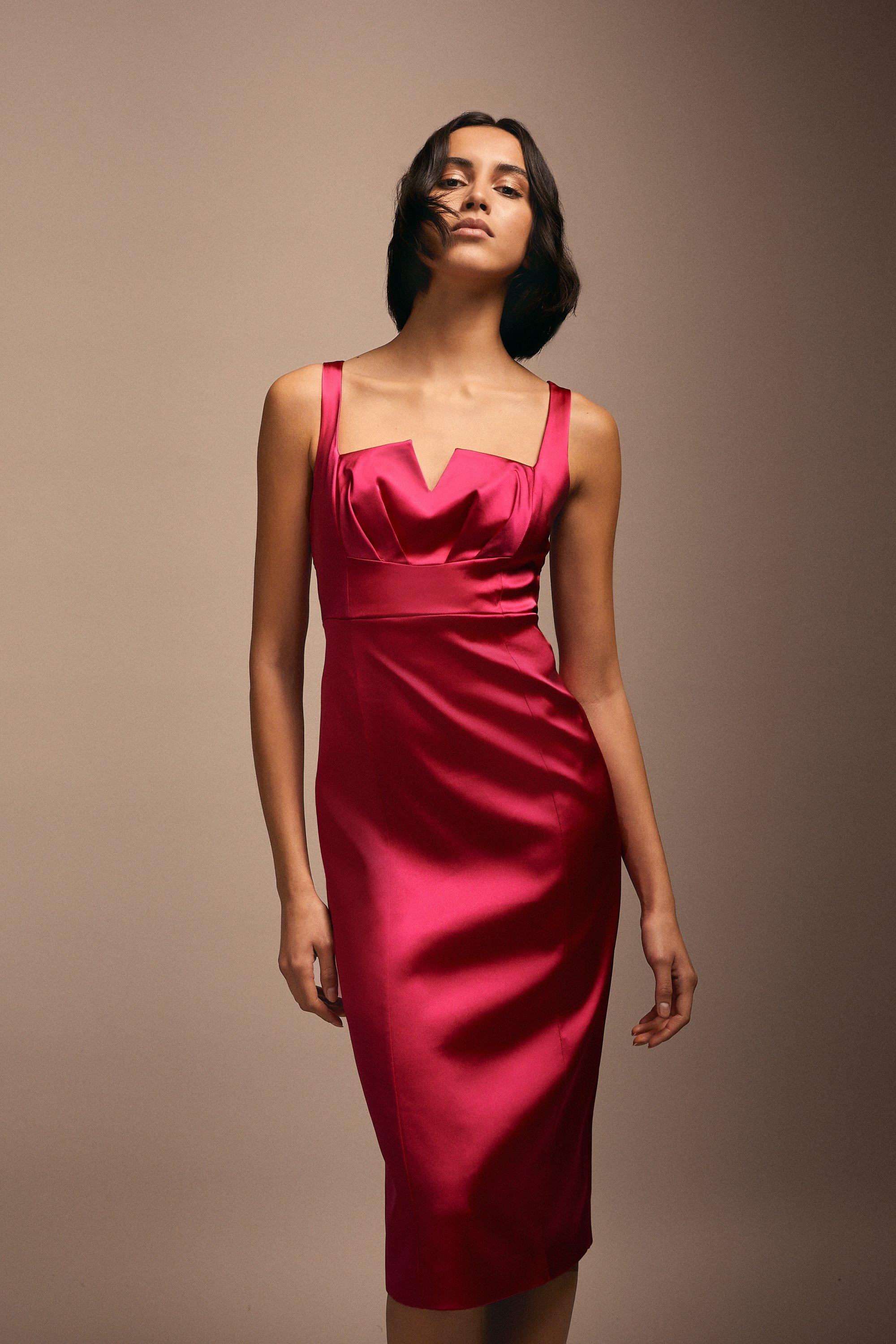 Julie Kuyath Premium Italian Satin Cross Front Pencil Midi Dress - Pink