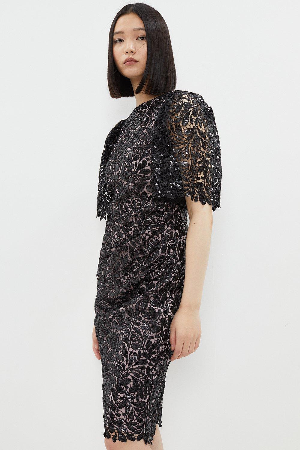 Sequin Lace Flare Sleeve Dress - Black