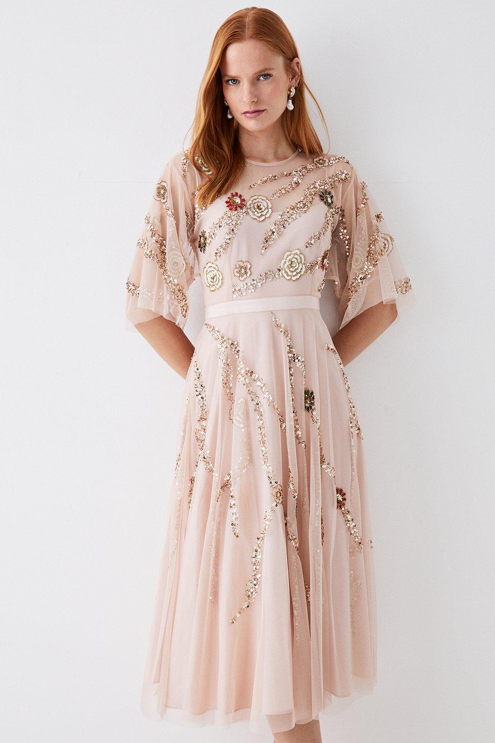 Midi Dress With Hand Embellished Flowers - Pink