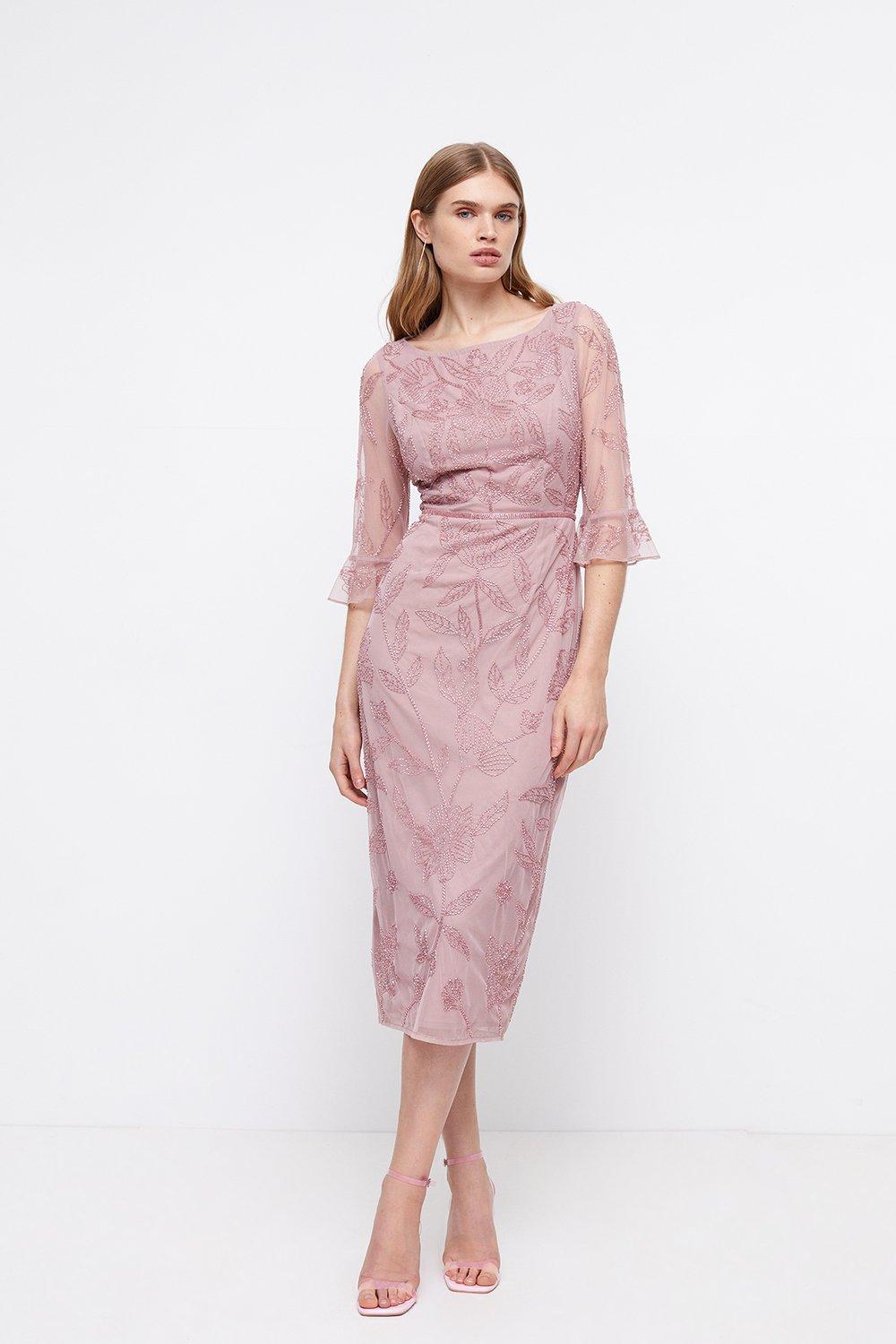 Hand Beaded Midi Dress With Flared Cuff - Pink