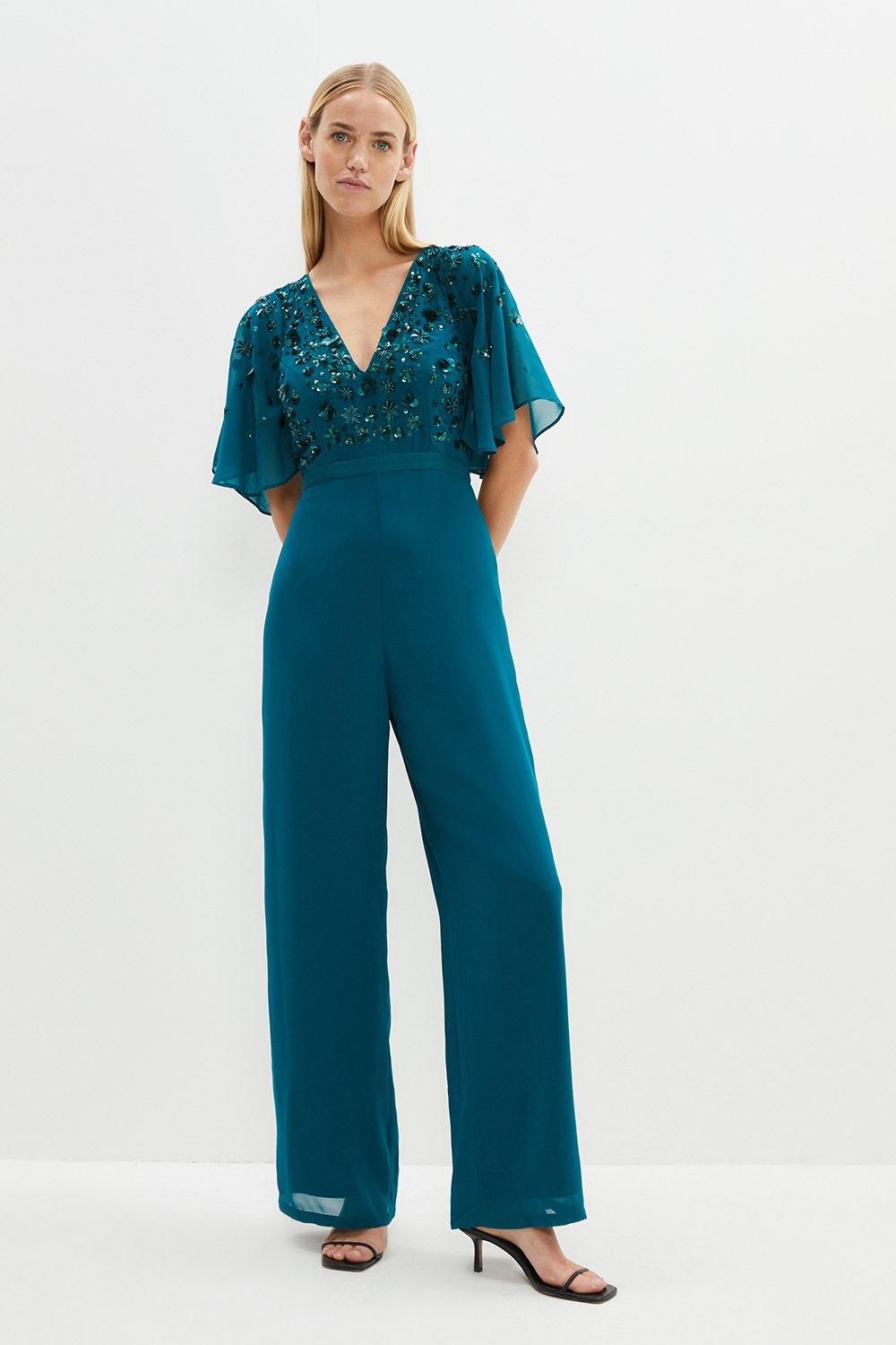Jumpsuit With Beaded Cape Sleeve - Blue
