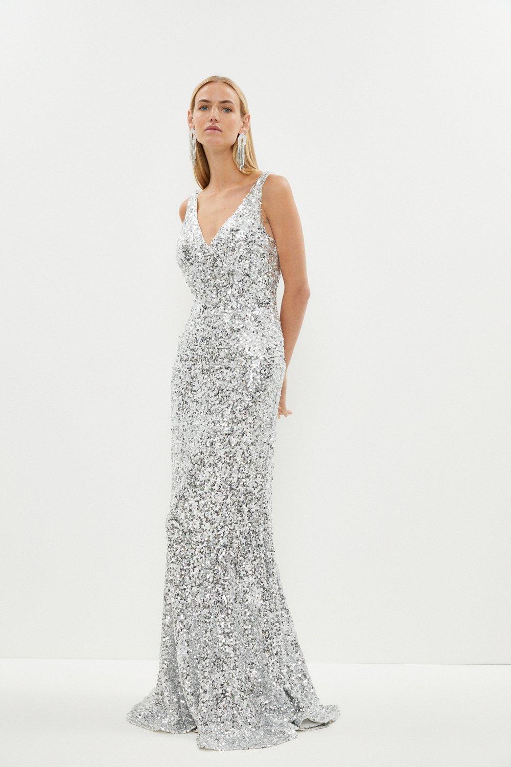Sequin Fishtail Maxi Dress - Silver