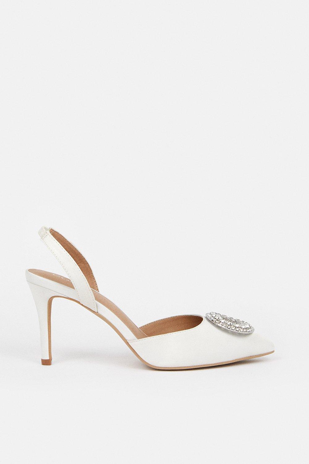 Tiffany Bridal Jewelled Brooch Detail Sling Back Court Shoes - Ivory