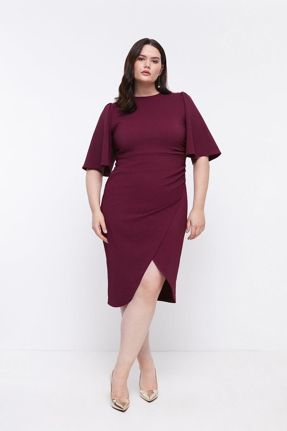 Plus Size Flare Sleeve Crepe Wrap Pencil Dress - Red