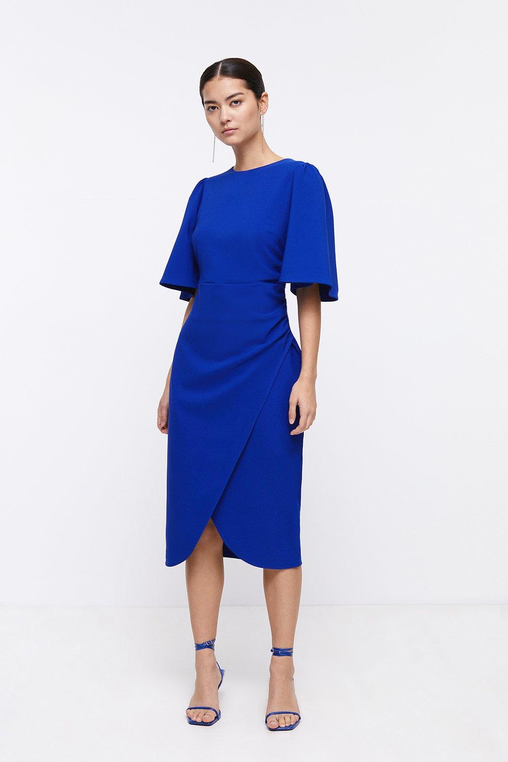 Petite Flare Sleeve Crepe Wrap Pencil Dress - Blue