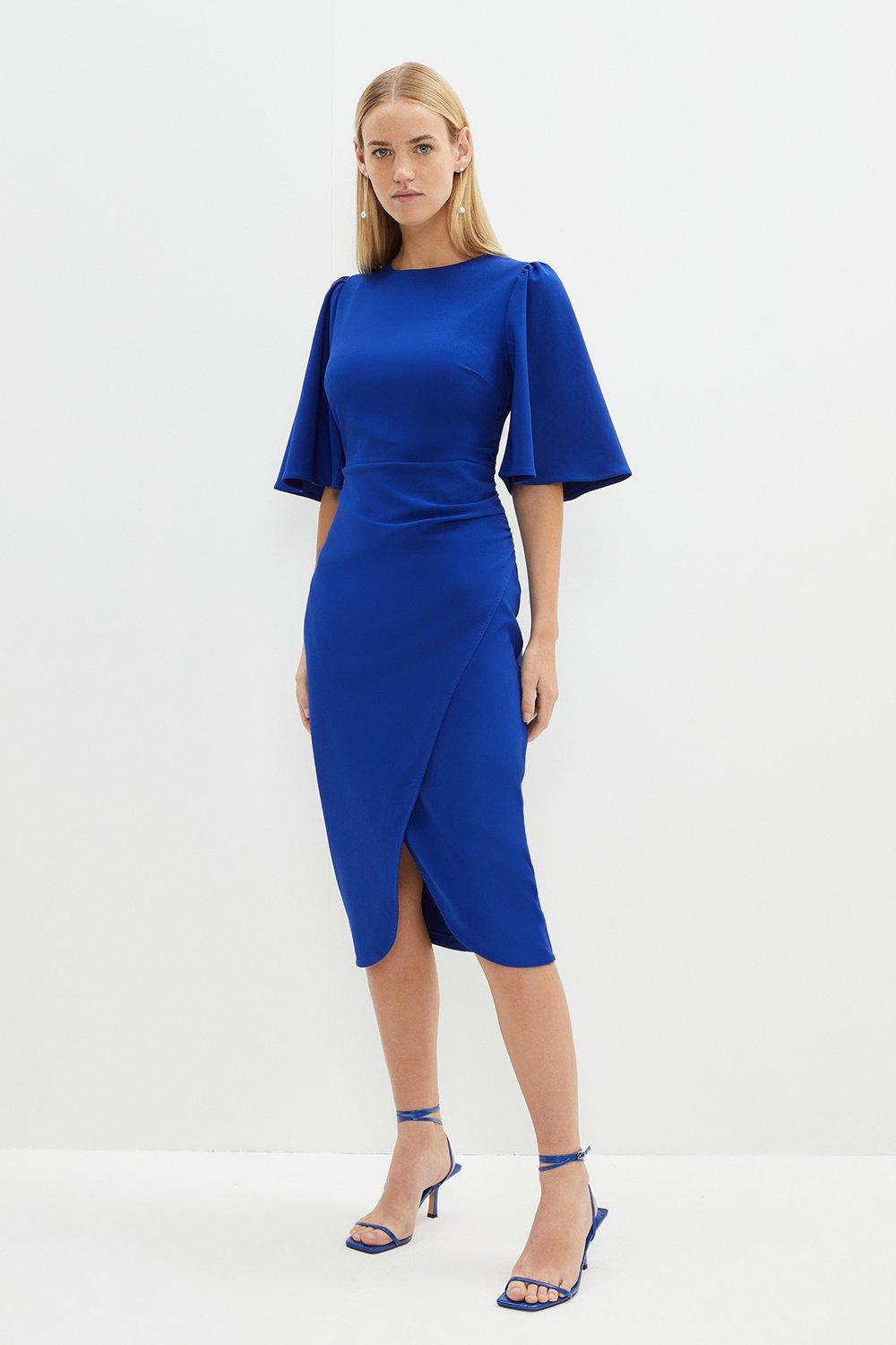 Flare Sleeve Crepe Wrap Pencil Dress - Blue