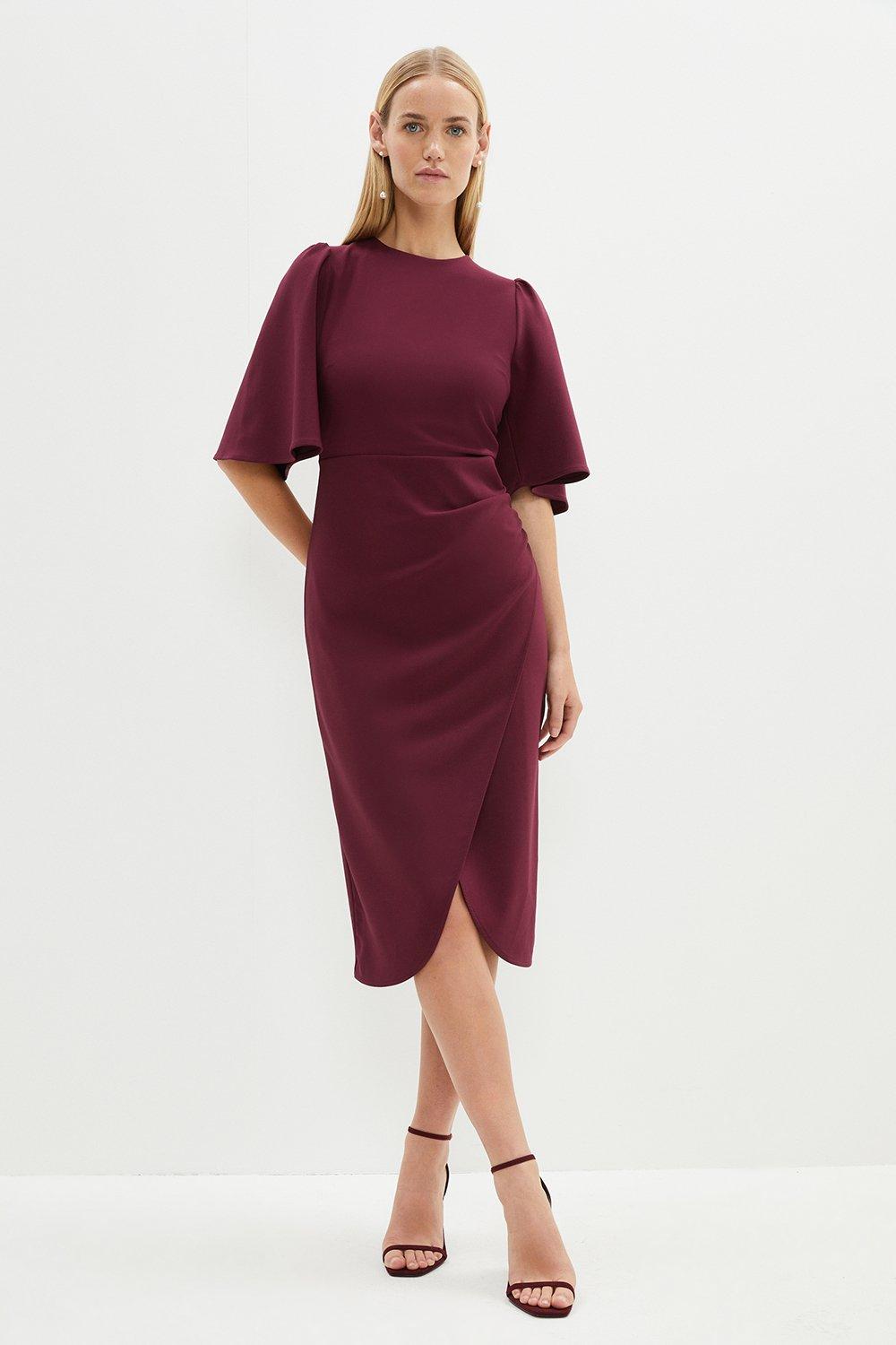 Flare Sleeve Crepe Wrap Pencil Dress - Red