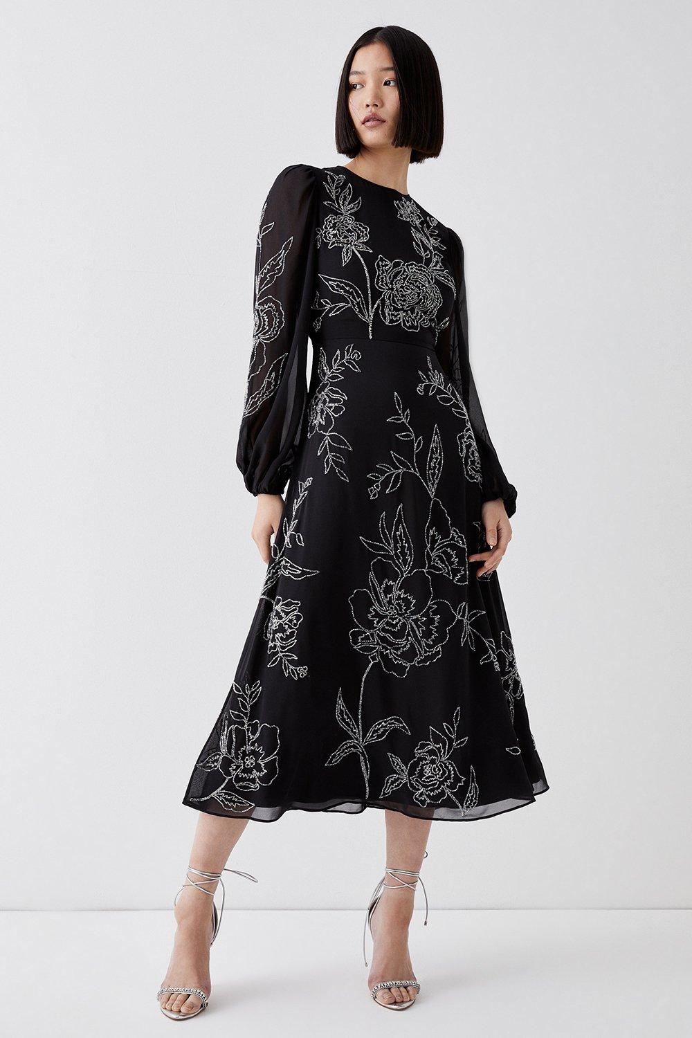 Premium Beadwork Floral Midi Dress - Black