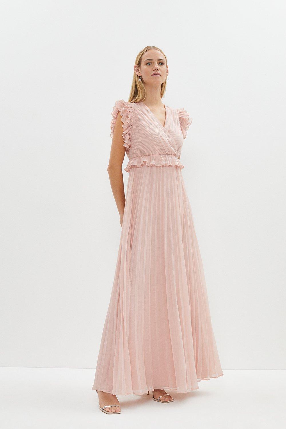 Frill Shoulder Pleated Skirt Maxi Dress - Pink